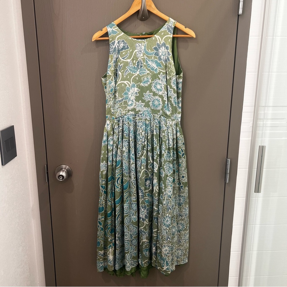 Raya 100% Silk Green/Blue Patterned Sleeveless Midi Dress Size S/M